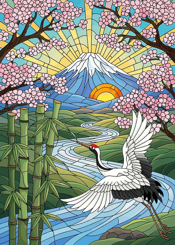 Stained Glass Mount Fuji Landscape