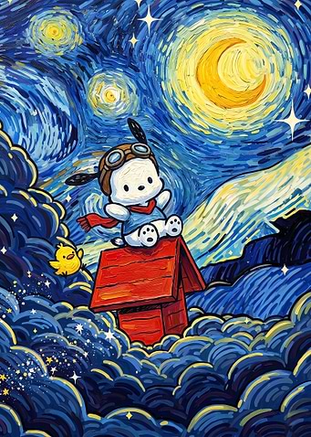 Pochacco on Doghouse Starry Night Art