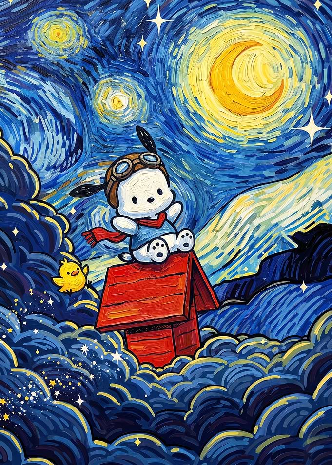 Pochacco on Doghouse Starry Night Art