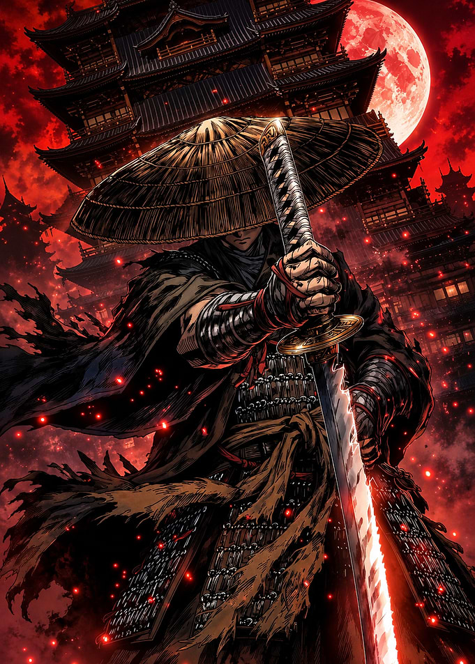 Samurai Warrior Under Blood Moon