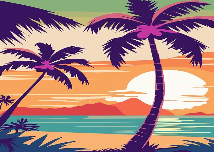 Retro Tropical Sunset Beach Scene