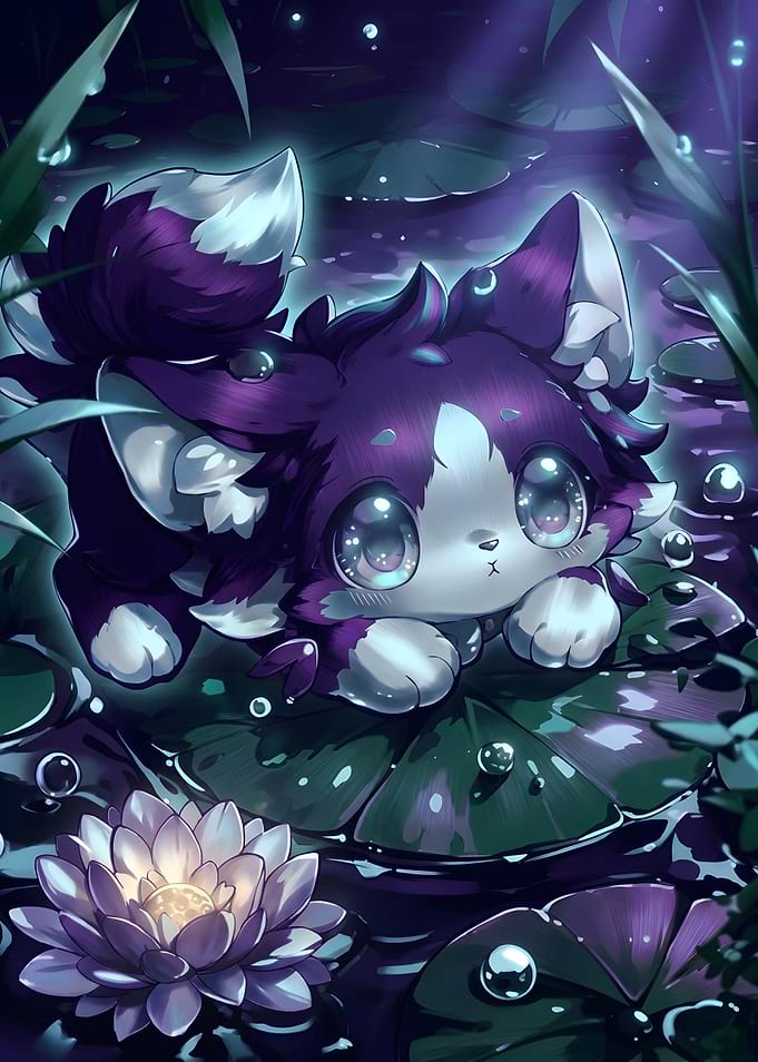 Cute Purple Fox on Lily Pad
