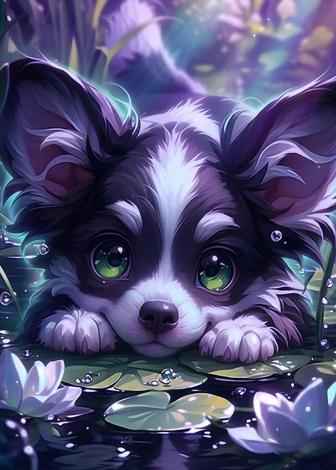 Cute Puppy in Water Lily Pond