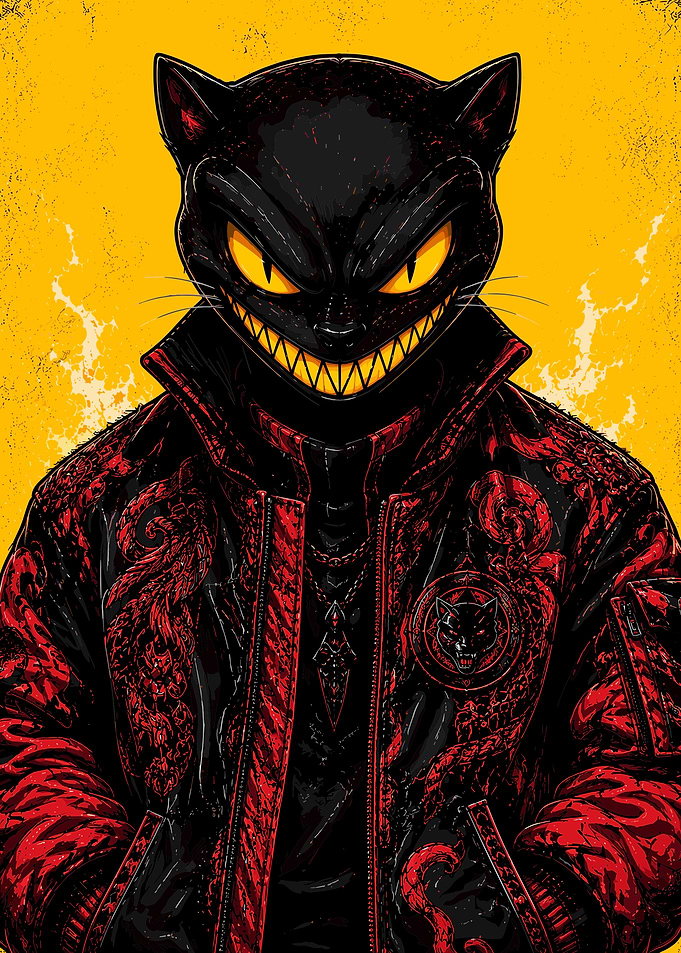 Grinning Black Cat in Red Jacket