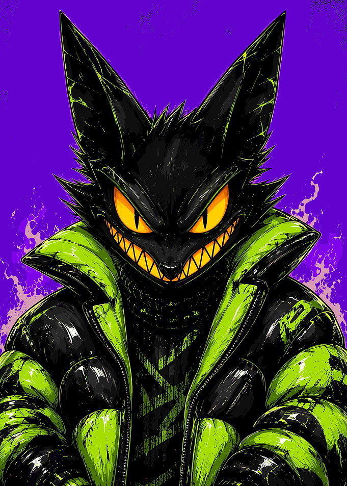 Grinning Black Cat in Neon Jacket