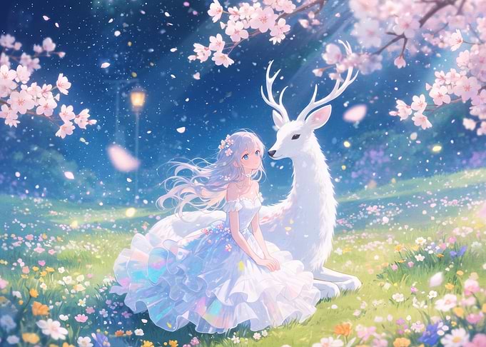 Girl and White Deer in Spring