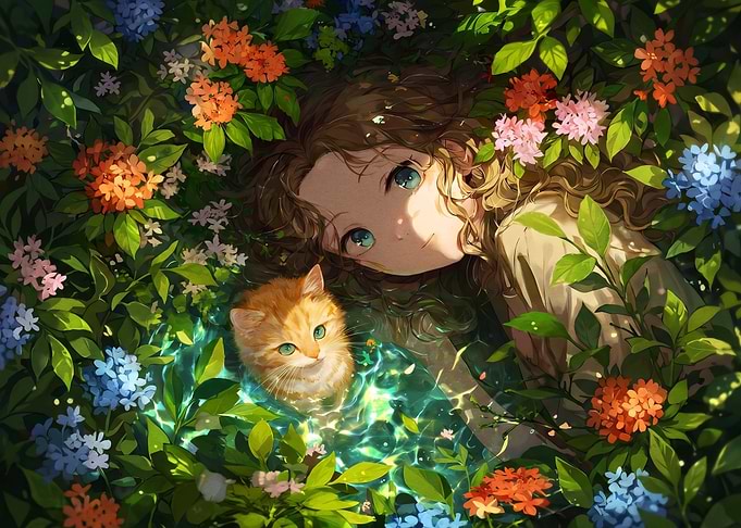 Girl and Kitten in Flower Garden