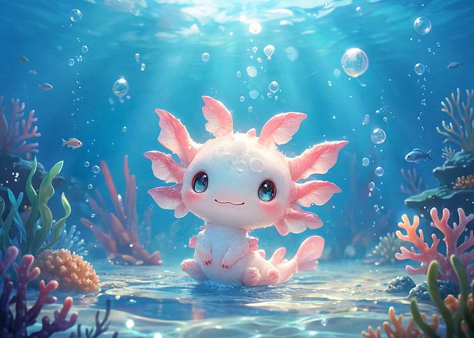 Cute Baby Axolotl Underwater Scene