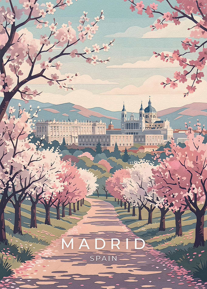 Madrid Spain Cherry Blossom Travel Poster