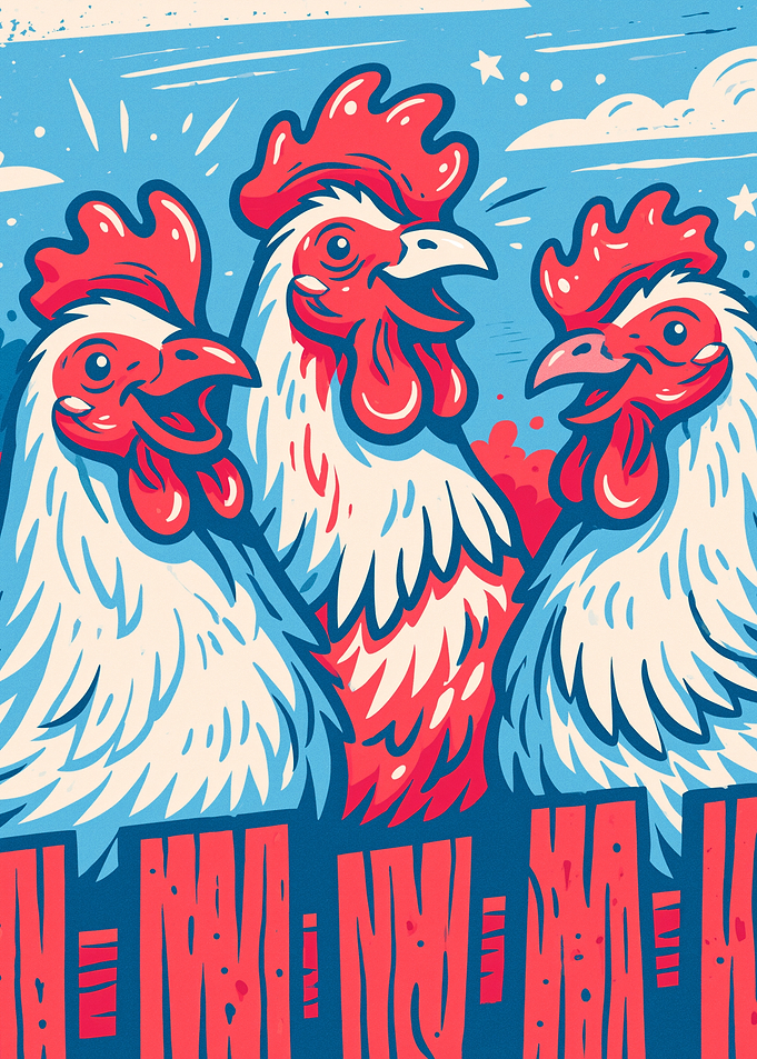 Three Cheerful Roosters Illustration