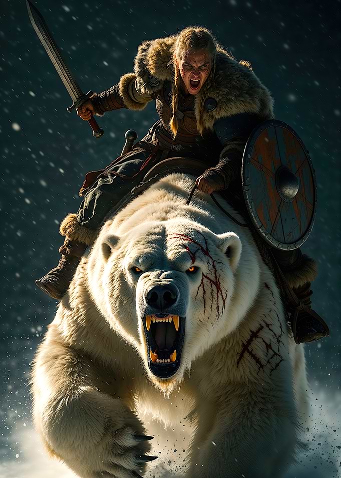 Viking Warrior Riding Charging Polar Bear