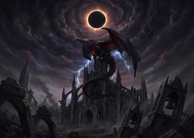 Dark Dragon Perched on Ruined Cathedral