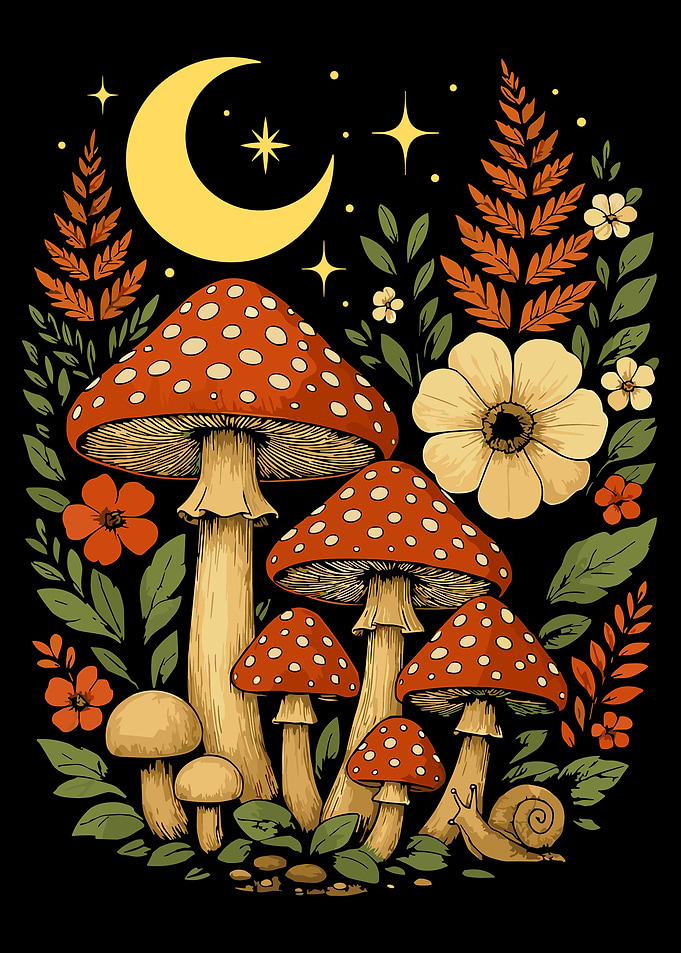 Enchanted Amanita Mushroom Forest Wall Art | Folk Art Night Nature Poster