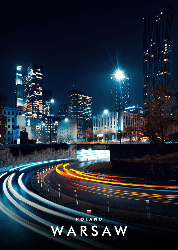 Warsaw Cityscape Night Traffic Long Exposure