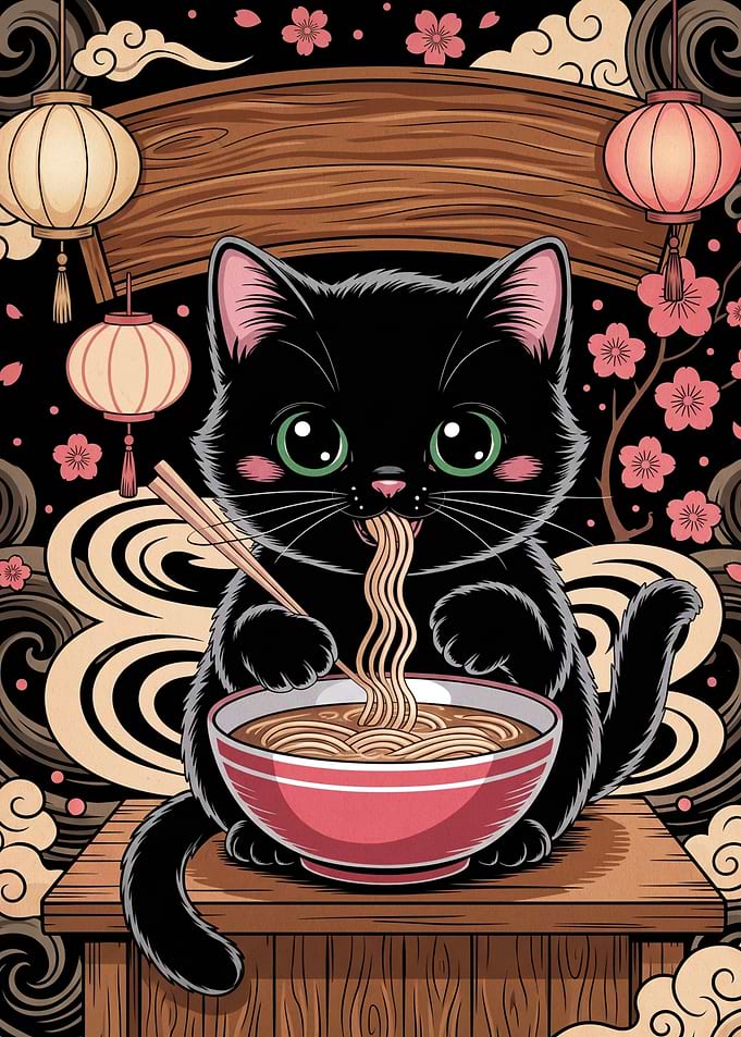 Cute Black Cat Eating Ramen
