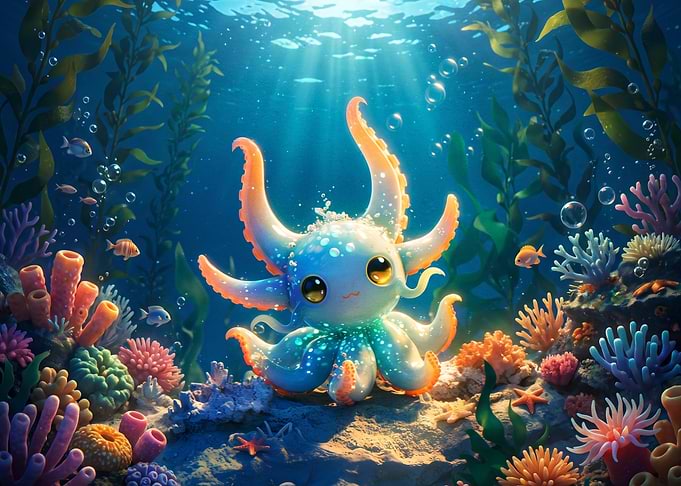 Cute Baby Octopus in Coral Reef