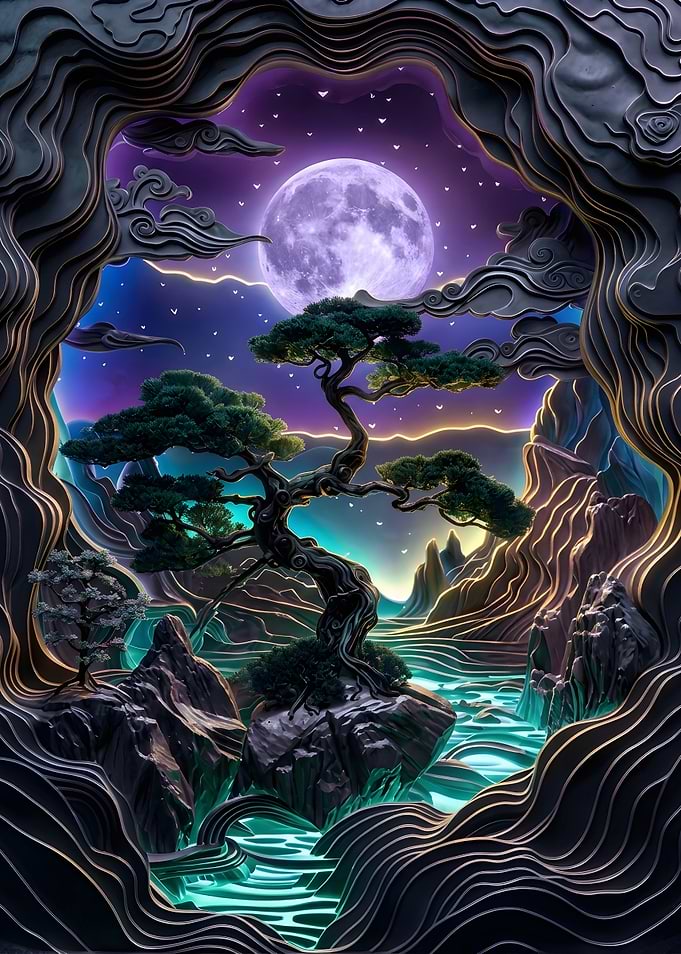 Ethereal Bonsai Tree Under Full Moon