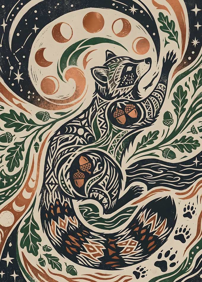 Tribal Raccoon and Moon Phases Art