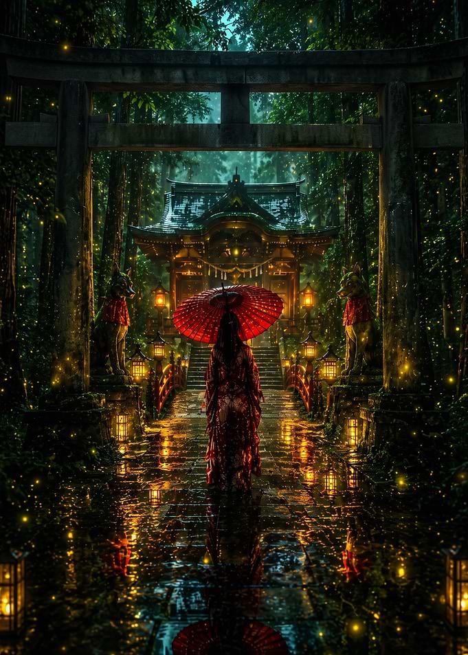 Woman with Red Umbrella at Shrine