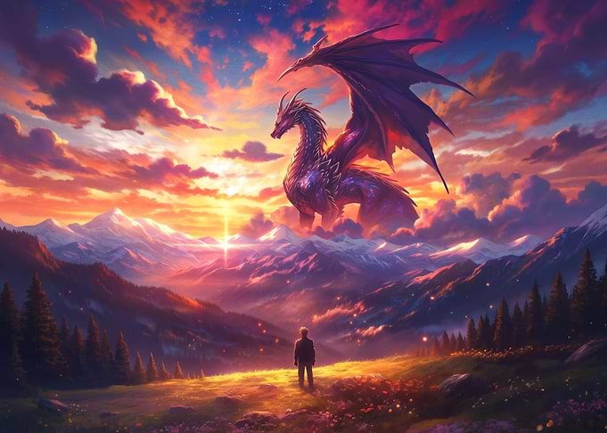 Dragon Appearing Over Mountain Sunset