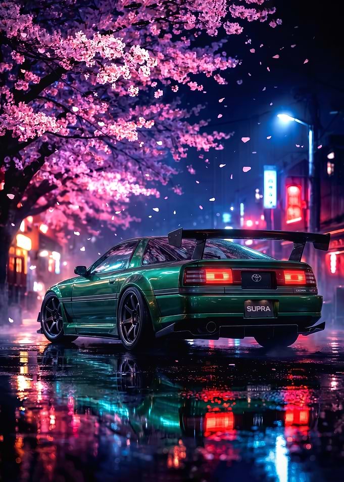 in japan sleek Green Toyota Supra Under Cherry Blossoms