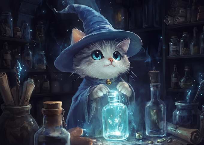 Cute Wizard Kitten Brewing Magic Potion