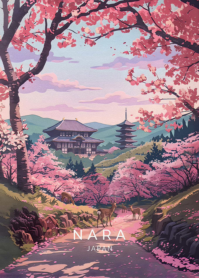 Nara Japan Cherry Blossom Travel Poster