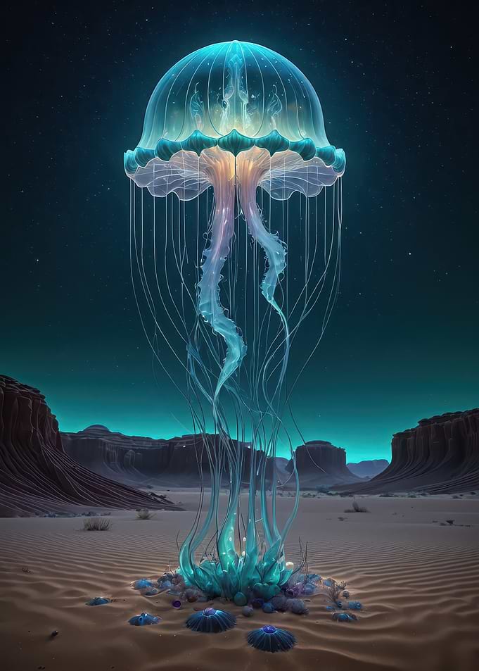 Bioluminescent Jellyfish Over Desert — Surreal Neon Sea Creature Digital Art