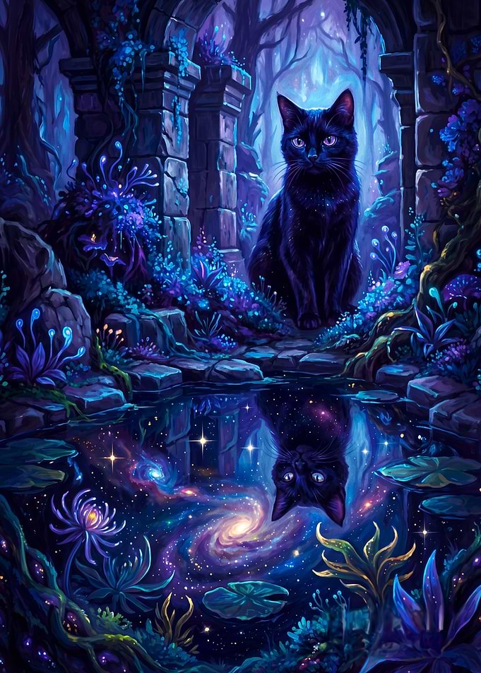 Cosmic Black Cat in Enchanted Ruins