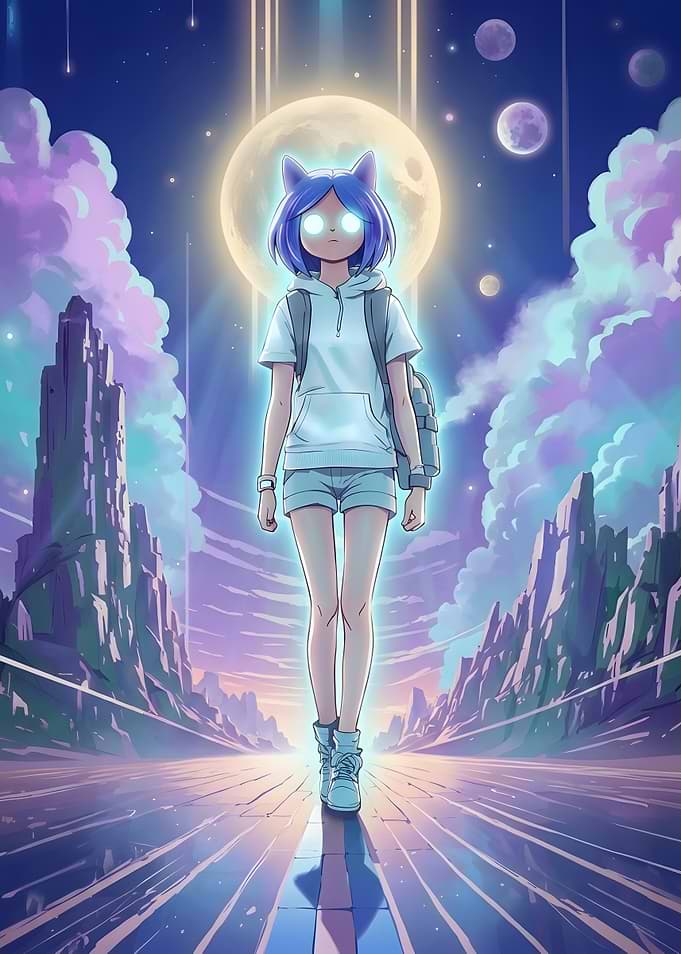 Anime Girl Walking Under Cosmic Moon