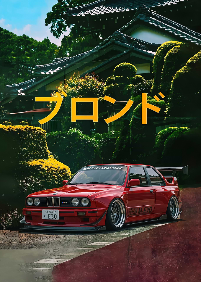 in japan sleek Red BMW E30 JDM Style car poster