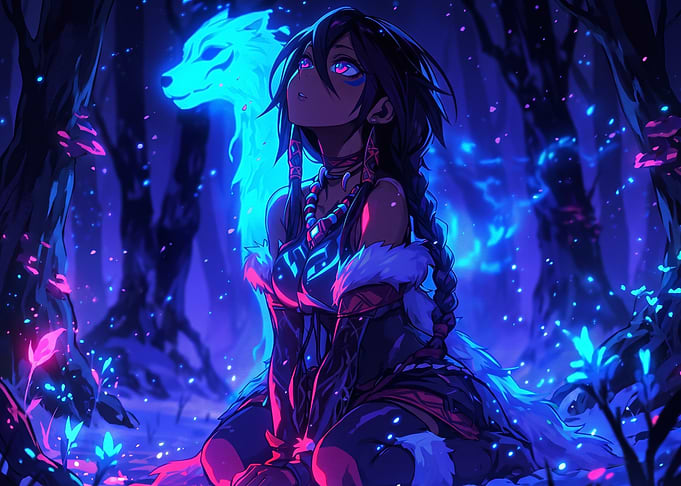Anime Girl with Spirit Wolf