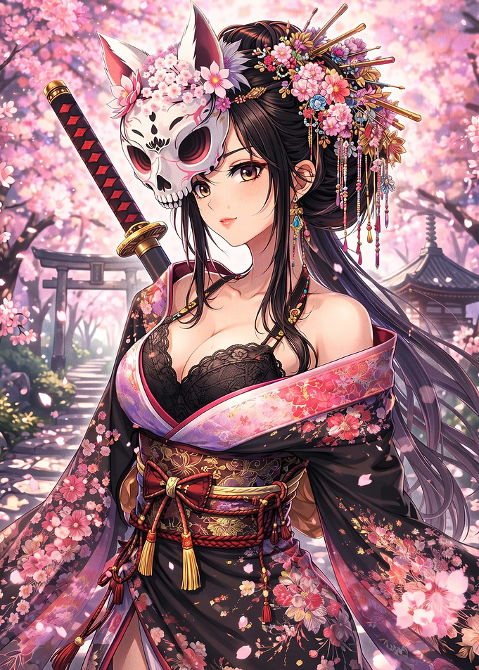 Anime Girl with Kitsune Mask