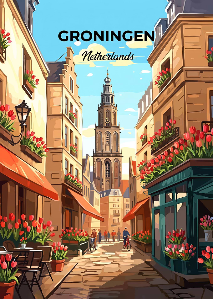 Groningen street Netherlands Travel Poster