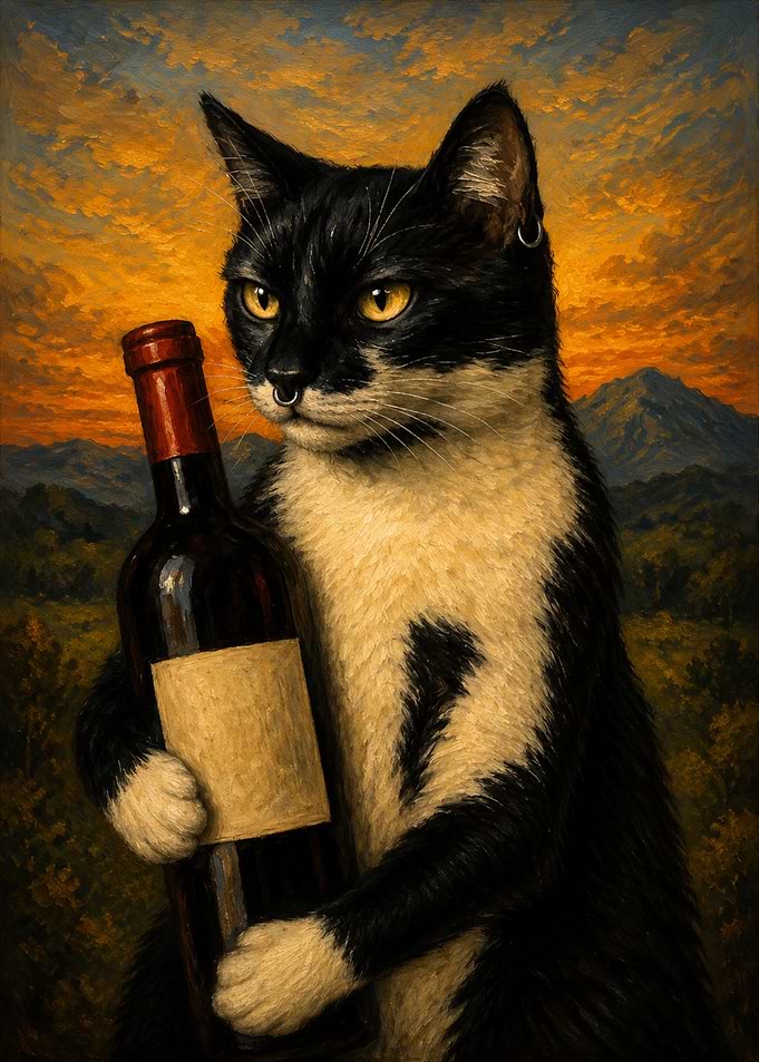 Sophisticated Cat Holding Wine Bottle