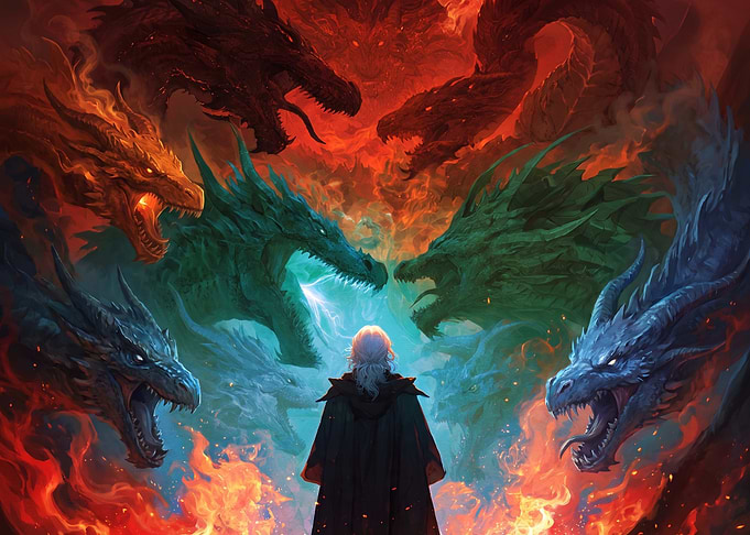 Wizard Facing Multiple Elemental Dragons