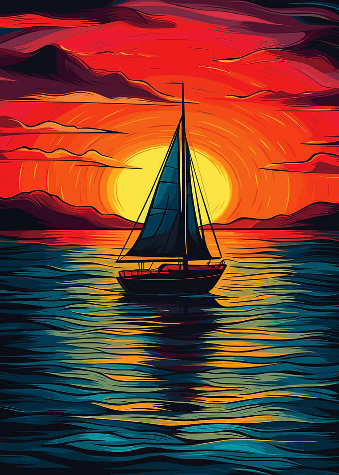 Sailboat at Sunset Digital Abstract Illustration