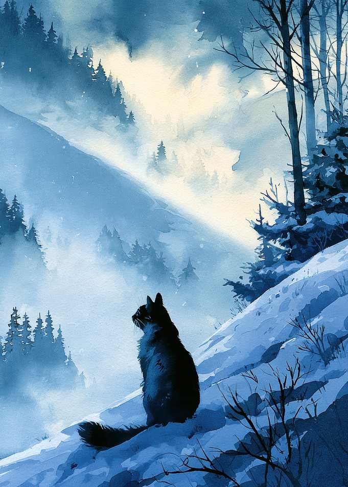 Black Cat in Snowy Mountains