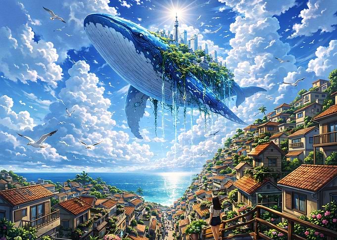 Giant Flying Whale Over Coastal Town