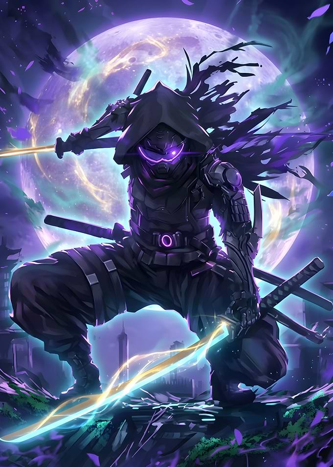 Cyberpunk Ninja Warrior with Glowing Blades