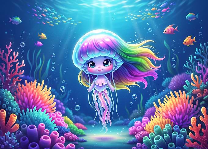 Cute Rainbow Jellyfish Girl Underwater