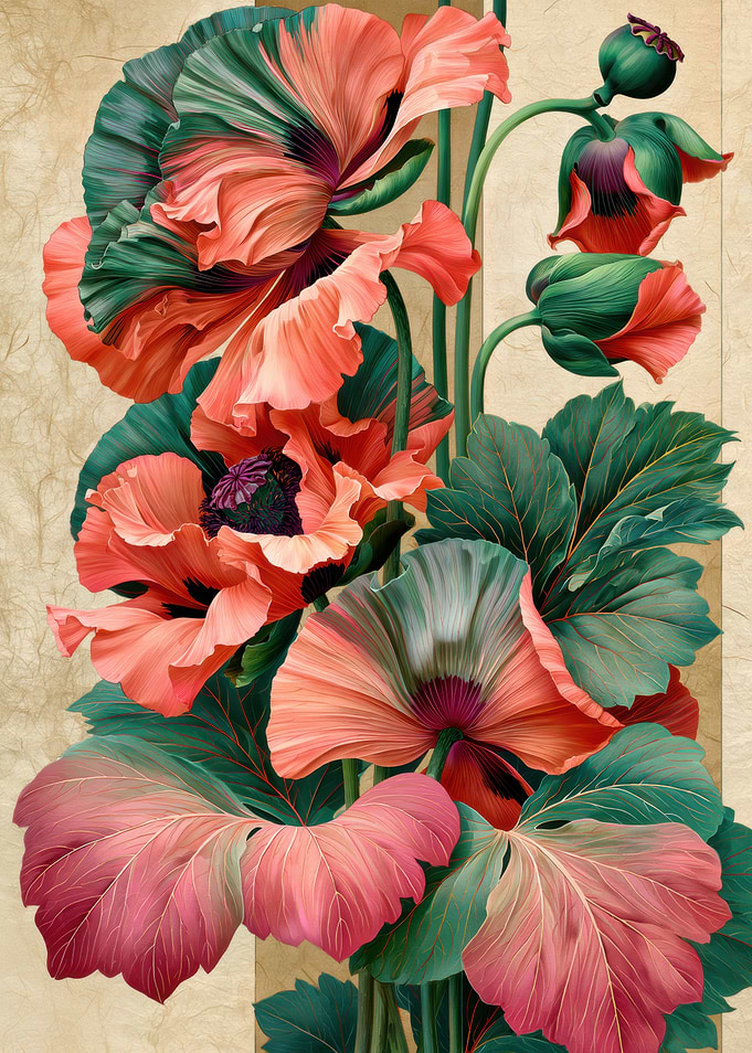 Elegant Coral and Teal Poppy Illustration