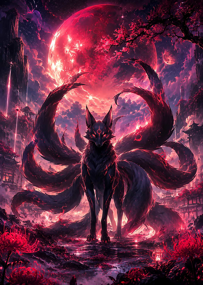 Nine-Tailed Kitsune Under Red Moon