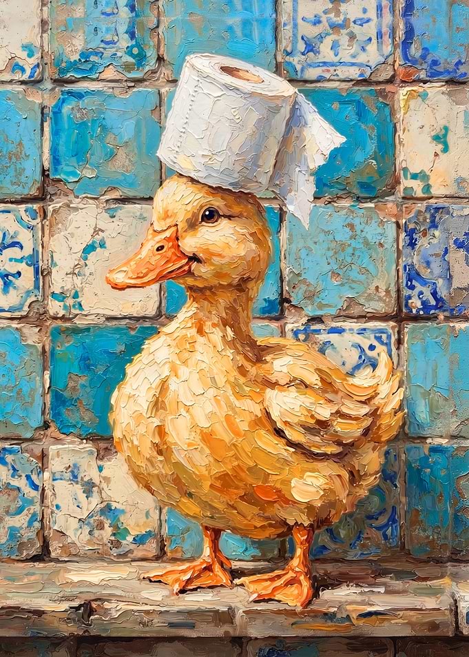 Oil Painting of Duck with Toilet Paper