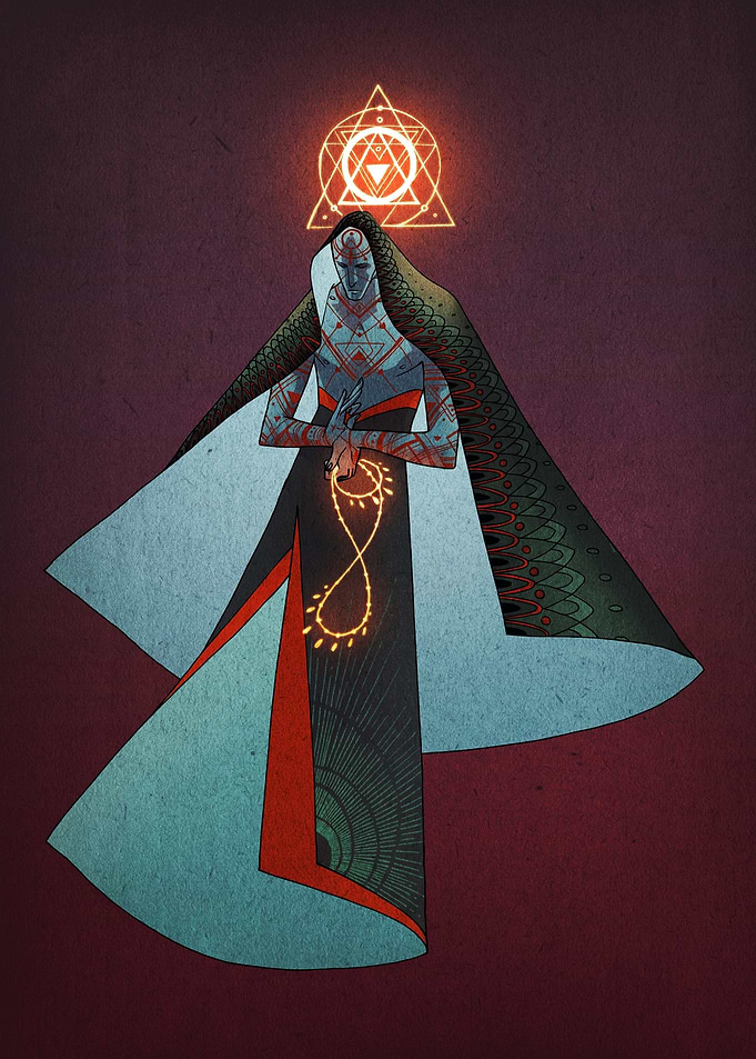 Mystical Figure with Glowing Geometry