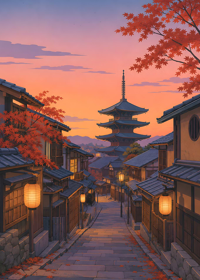 Traditional Japanese Street at Sunset