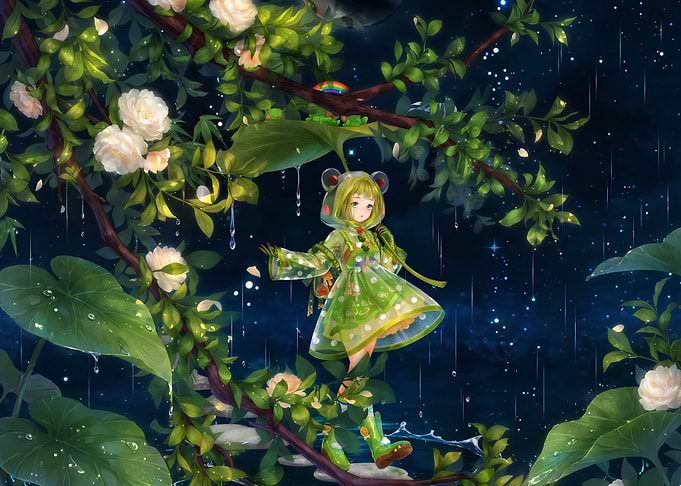 Anime Girl in Raincoat Under Flowers