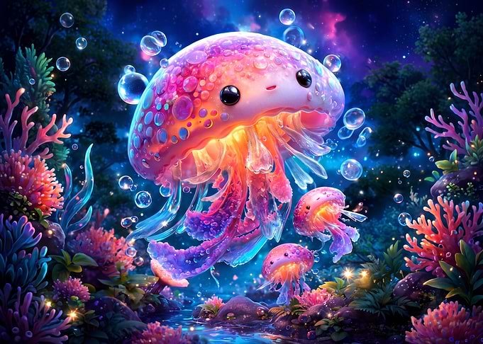 Cute Glowing Jellyfish Underwater Scene
