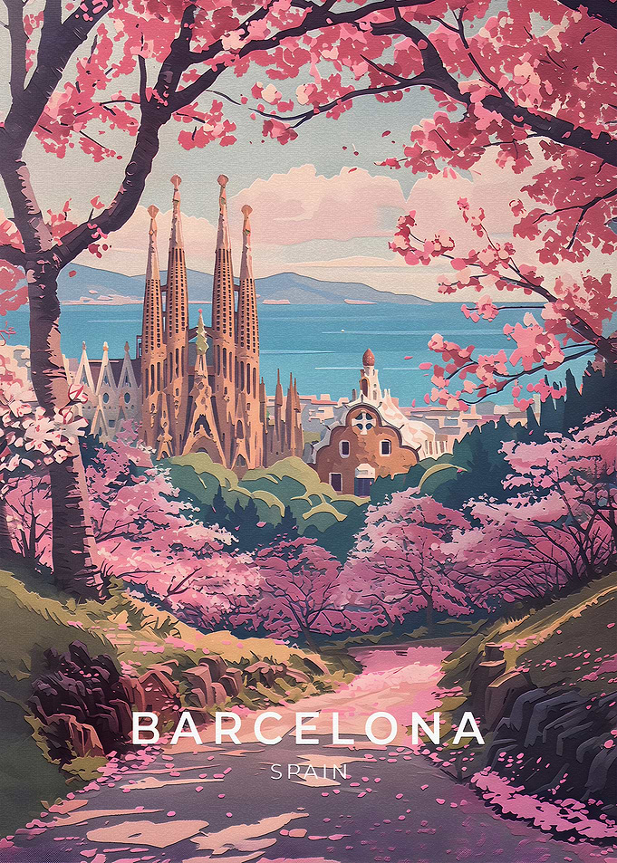 Barcelona Sagrada Familia Cherry Blossom Poster