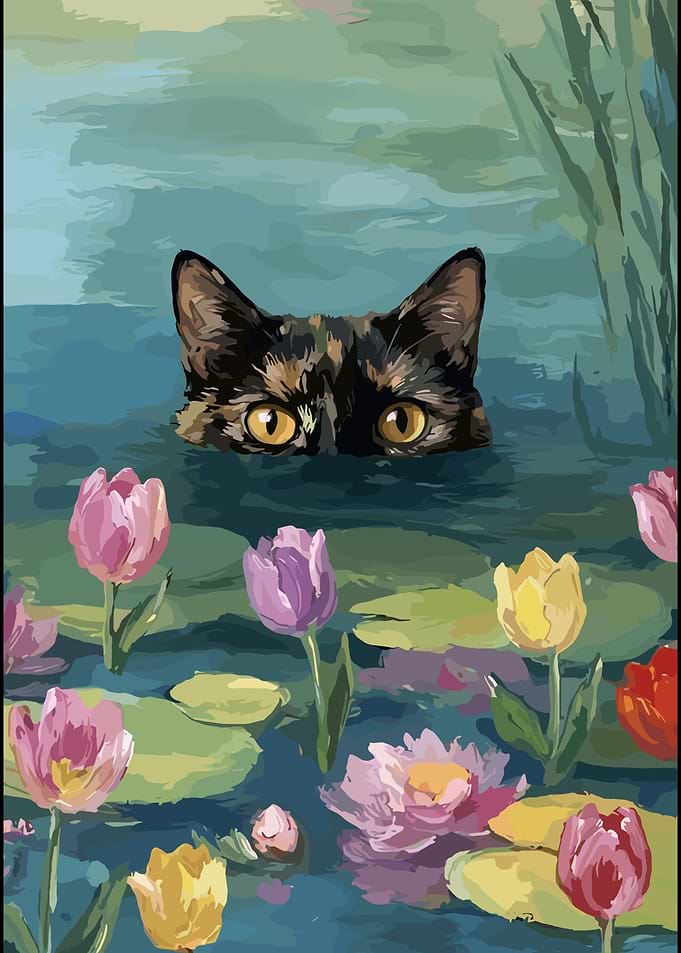 Cat Peeking from Floral Pond